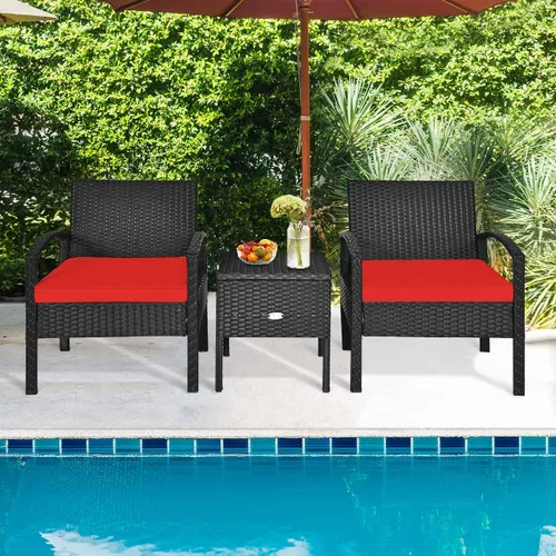Miniatura 2 de RELAX4LIFE Juego de 2 sillas de patio con mesa auxiliar, juego de 3 sillas de porche con cojines extraíbles y mesa de cristal, sillas de mimbre