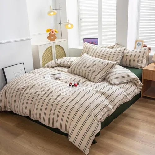 Miniatura 2 de Mucalis Juego de funda de edredón beige tamaño Queen con rayas verdes, 100% algodón lavado, juego de funda de edredón set completo moderno de 3