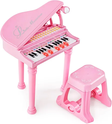 Costzon Piano para niños, mini teclado de juguete de piano de cola de 31 teclas con micrófono, taburete y luces, piano electrónico portátil, juguete