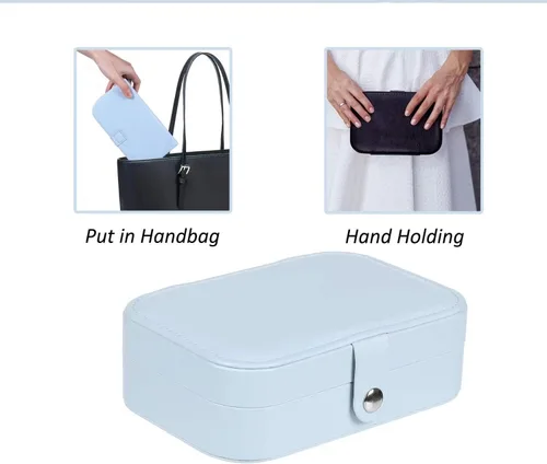 Miniatura 2 de Yiluana Joyero de viaje portátil para aretes, anillos, collares, pulseras, organizador de joyas pequeño con botón (azul claro)