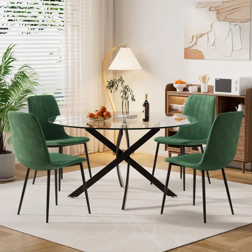 Miniatura 27 de Moderno juego de mesa redonda de vidrio para 4, 36 pulgadas, pequeña base negra de vidrio templado con 4 sillas de comedor minimalistas beige, juego