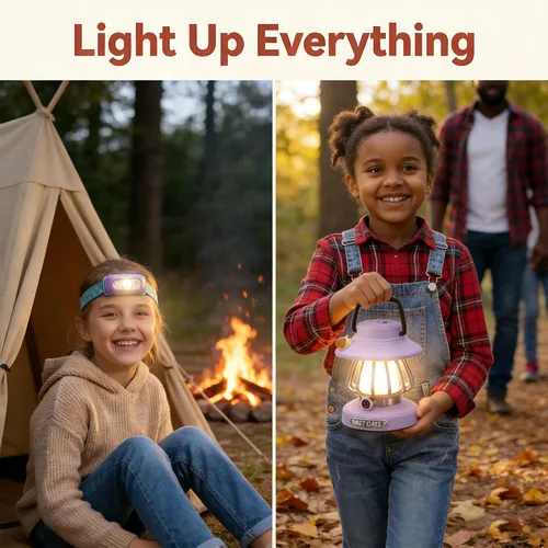 Miniatura 9 de Juego de luces de campamento para niños, linterna recargable y linterna frontal con sensor de movimiento con carga USB-C, luz nocturna regulable