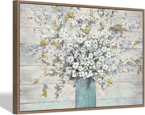 Miniatura 13 de Lienzo abstracto de flores para pared: imagen floral en tarro de masón, pintura con estampado de flores blancas para baño, dormitorio, decoración