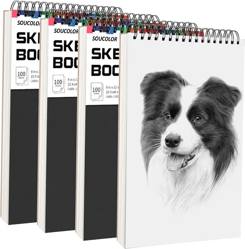 Soucolor - Cuaderno de bocetos de 9 x 12 pulgadas, paquete de 4 de 100 hojas, encuadernado en espiral, libre de ácido (68 libras/100 g/m²), papel