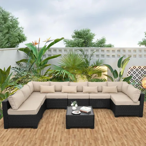 Juego de 9 muebles seccionales de mimbre para exteriores para todo tipo de clima, mesa de patio seccional de vidrio, cojines antideslizantes y Caqui