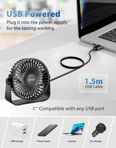 Miniatura 3 de TriPole Ventilador de escritorio USB portátil, potente ventilador de escritorio personal de 3 velocidades con rotación de cabeza de 360°