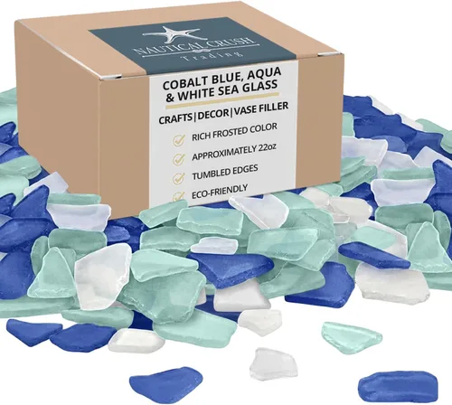 Miniatura 9 de Blue White Aqua Sea Glass - Bolsa de vidrio de playa de 11 onzas para manualidades y decoración, vidrio de mar para manualidades, relleno de jarrón