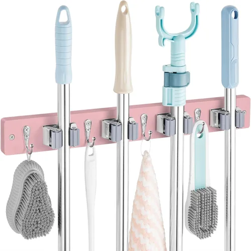 Miniatura 18 de OUTNILI Soporte de Pared Negro para Escoba y Trapeador con 4 Ranuras y 4 Ganchos - Colgador de Escoba y Trapeador de Madera Rústica para Despensa
