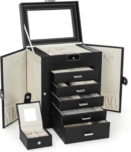Miniatura 8 de TORIBIO Joyero organizador de joyas con espejo, estuche de almacenamiento de joyas de piel sintética para niñasmujeresmadres, collar y aretes
