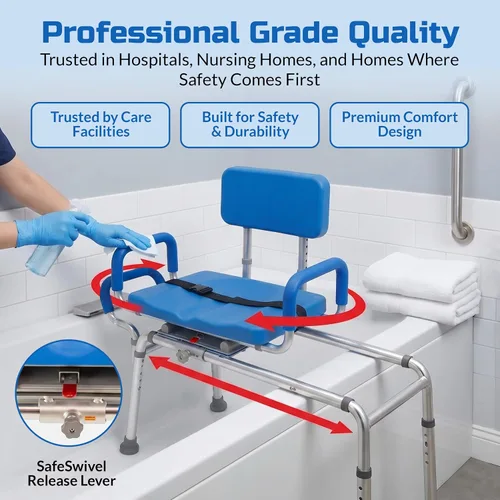 Miniatura 3 de Banco de transferencia deslizable para ducha con asiento giratorio Carousel, bariátrico, acolchado premium con apoyabrazos giratorios, alta