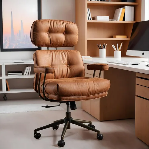 Miniatura 8 de Silla de oficina para el hogar con respaldo medio, silla de escritorio moderna de cuero de mediados de siglo, silla ejecutiva cómoda y giratoria