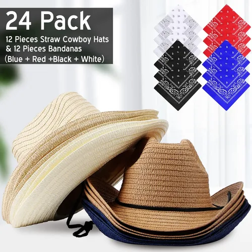 Miniatura 2 de SATINIOR - Juego de 12 sombreros de vaquero de paja y bandanas para fiesta, sombrero de vaquero para fiesta, disfraz y bandana, accesorios