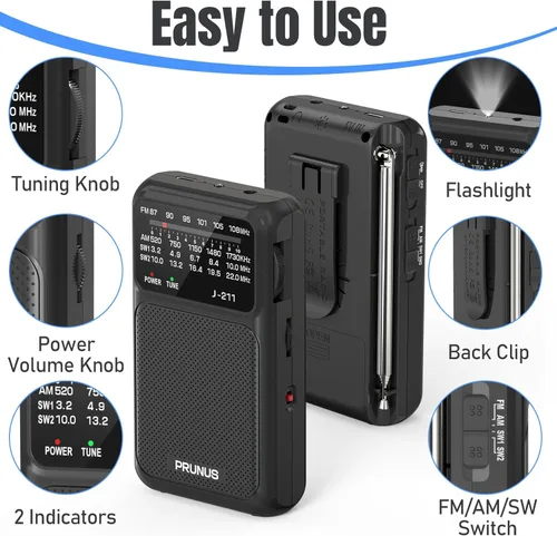 Miniatura 5 de PRUNUS J-211 - Radio portátil AM FM con carga USB C y operada por baterías AA, radio de transistor, fuerte recepción y altavoz claro, conector