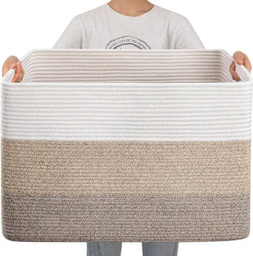 OIAHOMY Cesta de manta súper grande de 108L, 25 x 16 x 16 pulgadas (108 litros), cestas tejidas rectangulares para almacenamiento, canasta de cuerda