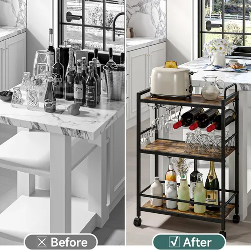 Miniatura 7 de Carrito de bar, carrito de servir para el hogar, carrito de microondas, carrito de bebidas, estante de cocina móvil con estante para vino y soporte