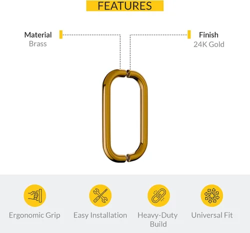 Miniatura 3 de BRIXWELL Manija tubular estándar para puerta de ducha para montaje posterior, acabado de oro de 24 quilates, construcción de latón macizo, 8
