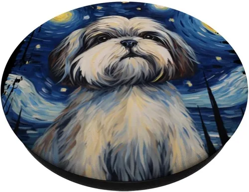 Miniatura 2 de Shih Tzu Perro Noche Estrellada Pintura Perro Mamá Papá PopSockets Estándar PopGrip