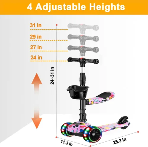 Miniatura 2 de Patinete 2 en 1 para niños de 3 a 8 años, altura ajustable, asiento extraíble, 3 ruedas de luz LED, actividades al aire libre para niños y niñas Rosa