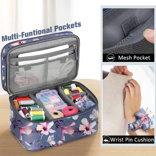 Miniatura 3 de FINPAC Estuche organizador y almacenamiento de accesorios de costura, kits de costura de doble capa con cojín de pasador de muñeca para hilos
