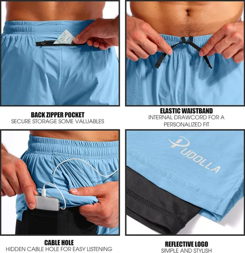 Miniatura 5 de Pudolla Mens 2 in 1 Running Shorts 7" Quick Dry Gym Athletic Workout Shorts for Men with Phone Pockets