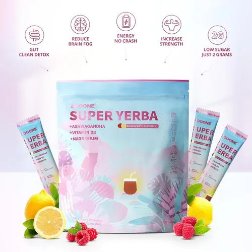 Miniatura 3 de ZOOONE Súper Yerba Mate té en polvo instantáneo 30 sobres - Sabor a limonada de frambuesa Porciones Energía limpia y enfoque Mejora la niebla