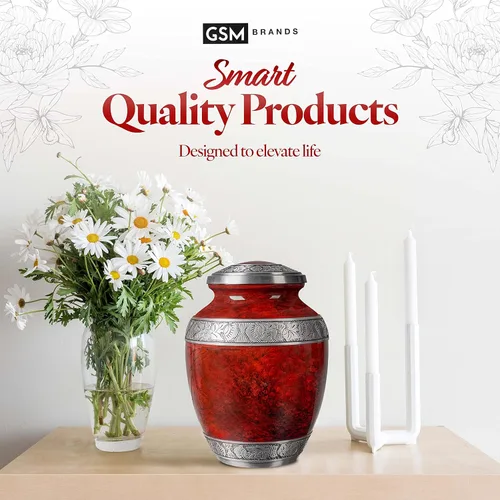 Miniatura 8 de GSM Brands Urna de cremación para cenizas humanas adultas, monumento funerario grande hecho a mano, color rojo (aluminio, 9.6 x 6.8 pulgadas)