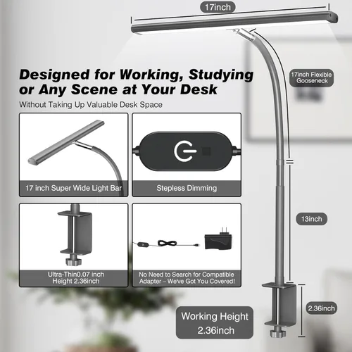 Miniatura 3 de Airlonv Lámpara de escritorio LED para oficina y hogar, luz de escritorio que cuida los ojos con atenuación continua, cuello de cisne flexible Gris