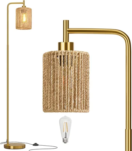 Miniatura 9 de Oneach Lámpara de pie dorada de 66 pulgadas para sala de estar, lámpara de pie bohemia con bombilla LED, interruptor de pie, pantalla de ratán, Oro