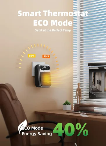 Miniatura 7 de Brightown Calentador enchufable de 800 W con control remoto, calentador de espacio de salida con pantalla LED táctil, pequeños calentadores de pared