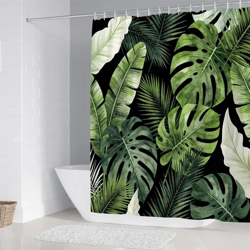 Miniatura 5 de LQCOOL 4Pcs Black Green Shower Curtain Set, Modern Minimalist Bathroom Sets, Abstract Botanical Bathroom Sets with Shower Curtain and Rugs, Tropical