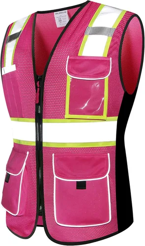 Miniatura 5 de Chaleco de seguridad para mujeres, chaleco de trabajo reflectante de alta visibilidad con 9 bolsillos múltiples y cremallera Rosa