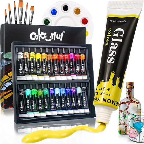 Miniatura 8 de Juego de Pintura Acrílica para Vidrio Colorida con 6 Pinceles, 1 Paleta, 12 Colores de Pinturas para Vidrio Manchado para Vino, Juego de Pintura