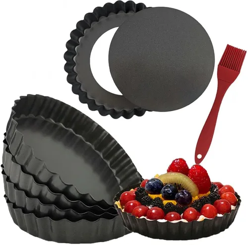 DATANYA Paquete de 6 sartenes mini para tartas de 5 pulgadas con fondo extraíble redondo antiadherente, sartén para quiche, moldes para tartaletas
