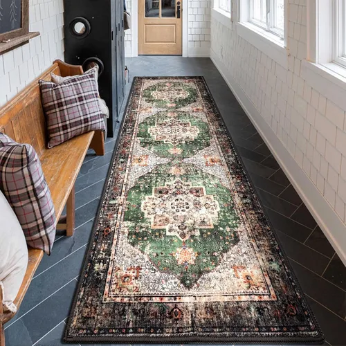 Miniatura 17 de Alfombra de área de 5 x 7 pies para sala de estar, alfombra verde boho antideslizante lavable, alfombra vintage de pelo bajo, alfombra grande