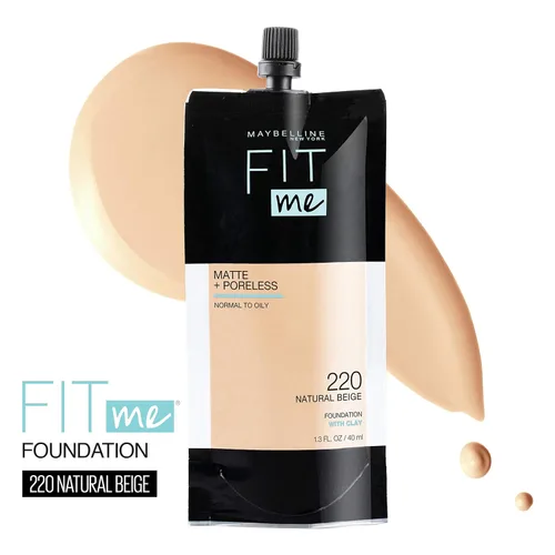 Miniatura 2 de Maybelline New York Fit Me Matte + Poreless Base Líquida, Formato de Bolsa, 220 Natural Beige, 1.3 onzas 220 Beige natural