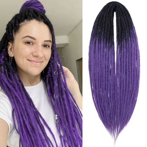 Leeven Extensiones sintéticas de rastas de 24 pulgadas de doble extremo, de negro a morado, delgadas, 10 hebras, hechas a mano, 0.6 cm de ancho,