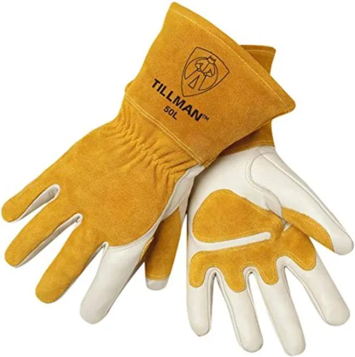 John Tillman Guantes de Soldador MIG Medianos de 14" de Cuero Vacuno de Grano Superior Dorado y Perlado con Respaldo Dividido, Forrados con Vellón,
