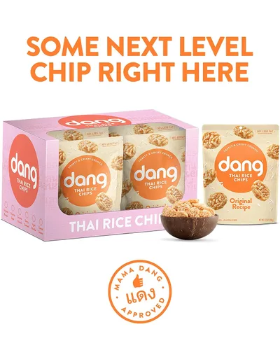 Miniatura 4 de Dang Chips de arroz tailandés Original Paquete de 12 Hojuelas de arroz veganas, sin gluten, sin OMG, aperitivos saludables hechos