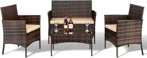 Outvita Juego de muebles de patio de 4 piezas, juegos de conversación de ratán con sofá biplaza suave y mesa de cristal para jardín, patio, balcón,
