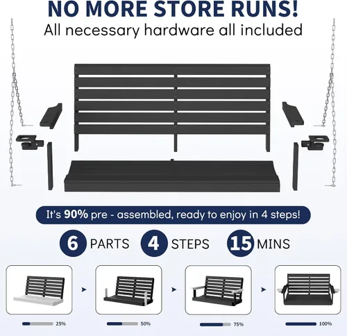 Miniatura 7 de Plawdlik Columpios de porche, silla de patio de 2 asientos con dos portavasos, banco impermeable de polietileno de alta densidad para patio