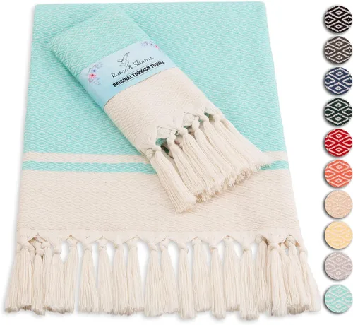 Rumi & Shams - Toallas de mano turcas estilo bohemio de granja | 2 toallas de cocina de algodón aguamarina - 16 x 32 pulgadas