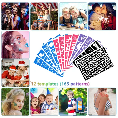 Miniatura 5 de Kit de tatuajes temporales con purpurina para niños, 32 colores, 165 plantillas, 3 pegamento, 5 pinceles, 1 soplo de polvo, kit de maquillaje