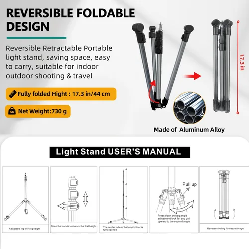 Miniatura 6 de Soporte de luz extensible para fotografía, ajustable de 6.6 pies/6.6 ft de aluminio para viajes, trípode de iluminación de estudio portátil FZS202