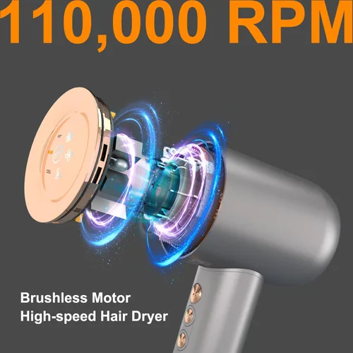 Miniatura 7 de Secador de pelo – 110000 RPM de alta velocidad sin escobillas motor negativo secador de soplado iónico negativo para secado rápido, secador de pelo