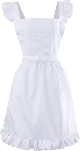 Miniatura 12 de Geyoga Delantales para mujeres con bolsillos Cocina Cocinando Camarera Sirvienta Delantal Falda Vintage Lindo Volantes Vestido Disfraz, Blanco