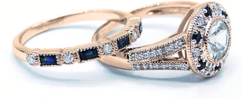Miniatura 3 de Dazzlingrock Collection 6mm Centre Round Gemstone with Round White Diamond & Baguette Alternating Blue Sapphire Halo Miligrain Wedding Ring Set for