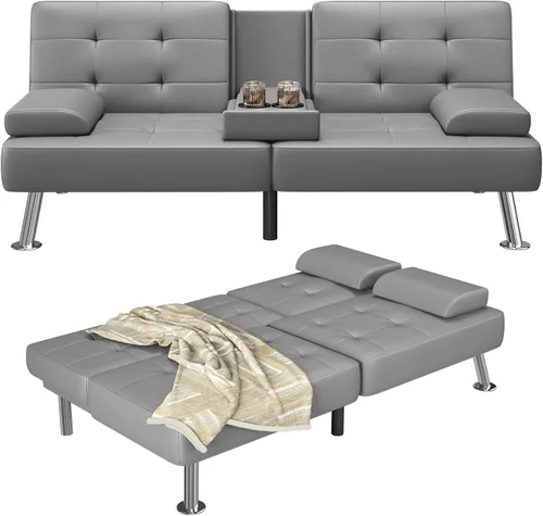 Miniatura 11 de Furmax Sofá Cama Futón Ajustable Sofá Cama Futón Sleeper para Sala de Estar, Oficina de Negocios, Sofás Reclinables con Portavasos (Cuero PU, Negro)