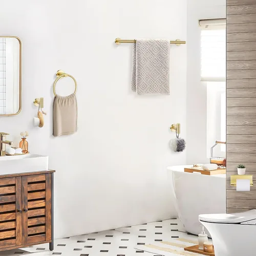 Miniatura 6 de TQKAG Juego de 5 Piezas de Soportes para Toallas de Baño Juego de Herrajes de Baño Dorado Cepillado de Acero Inoxidable Soporte de Papel Higiénico