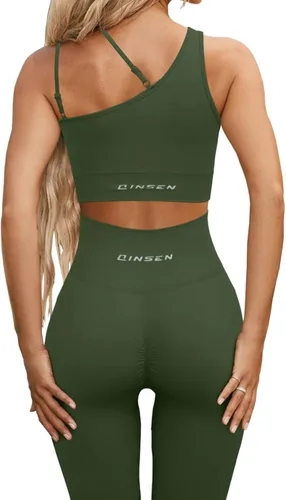 Miniatura 2 de QINSEN Conjuntos de entrenamiento para mujer, camisetas cortas deportivas sin costuras, leggings de cintura alta, trajes de dos piezas