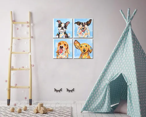 Miniatura 4 de KLVOS Obra de arte abstracta de cachorros, pintura de perros, imágenes divertidas de animales, decoración de pared, impresión en lienzo, galería